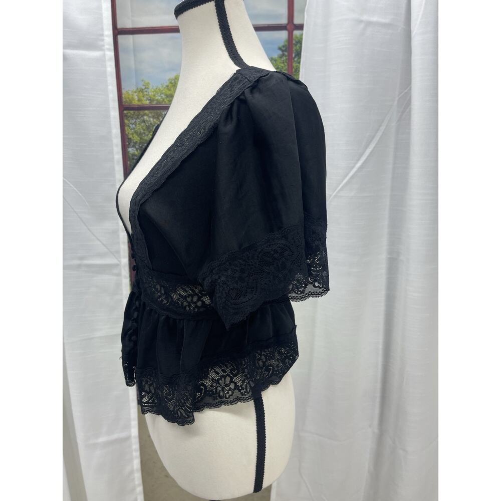 Dark Academia Coquette Black Lace Peplum Top Deep V Gothic Cottagecore Blouse S - Picture 8 of 15